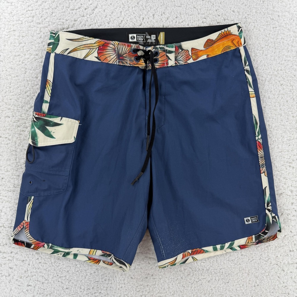 Salty Crew Board Shorts Mens 30 Blue Tropical Fish Trim Surf Trunks Stretch
